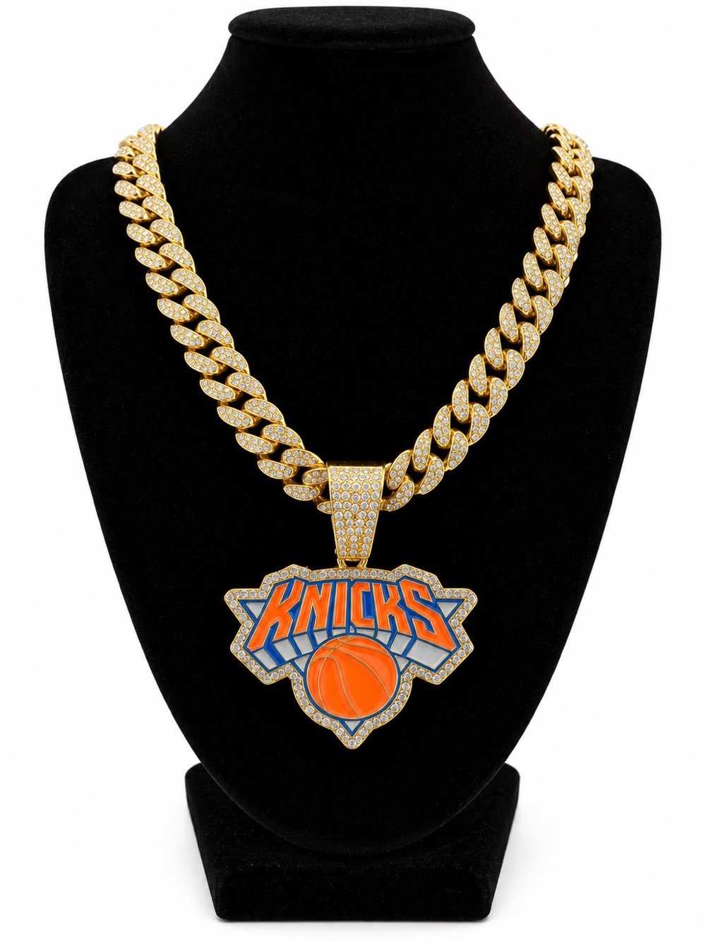 New York Knicks Gold Iced Out Cuban Link Chain Necklace NBA Basketball